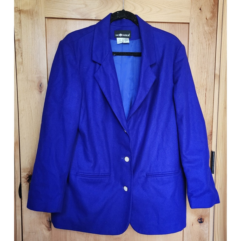 Vintage Sag Harbor Sz 14‎ Royal Blue 100% Wool Blazer Tailored Career Jacket